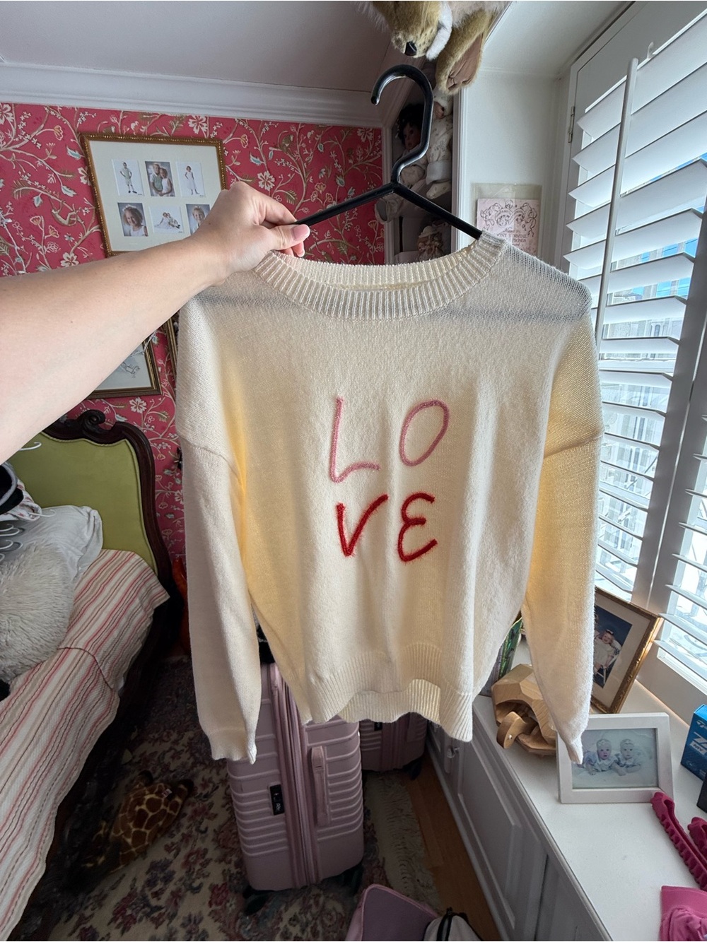 Le Lis Cream Crewneck Sweater with Pink & Red 'LOVE' Graphic